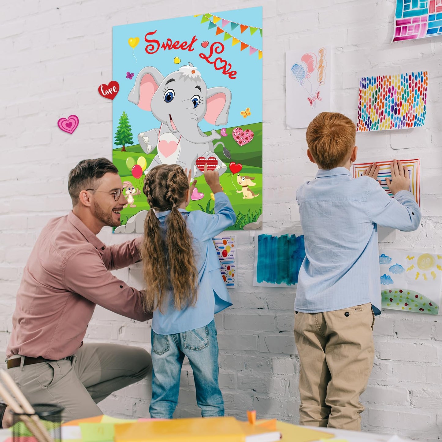 PLULON Pin Heart on Elephant Valentines Poster Game – 24 Heart Stickers, Party Backdrop & Classroom Activity