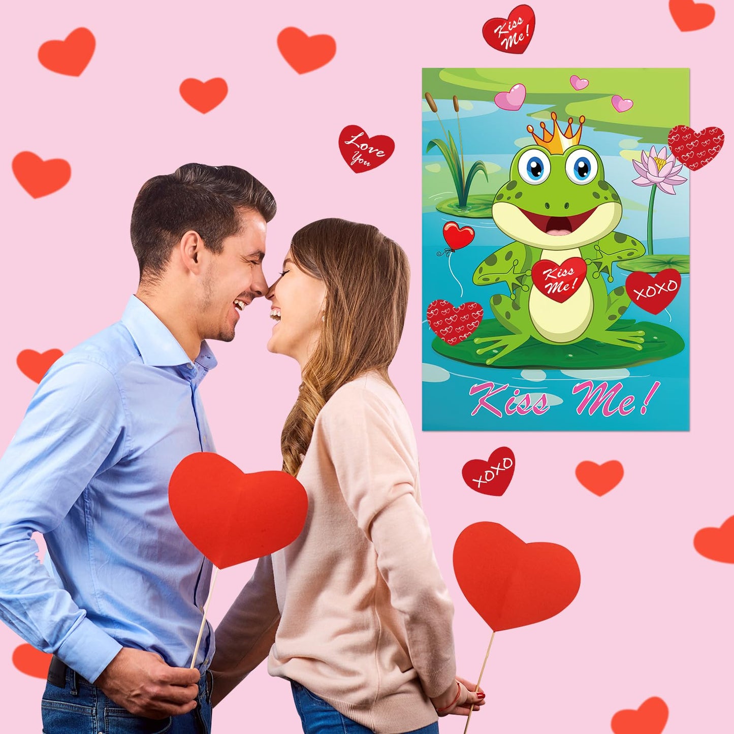 PLULON Valentines Pin the Heart on the Frog Game — 28x21 in Poster with 24 Heart Stickers