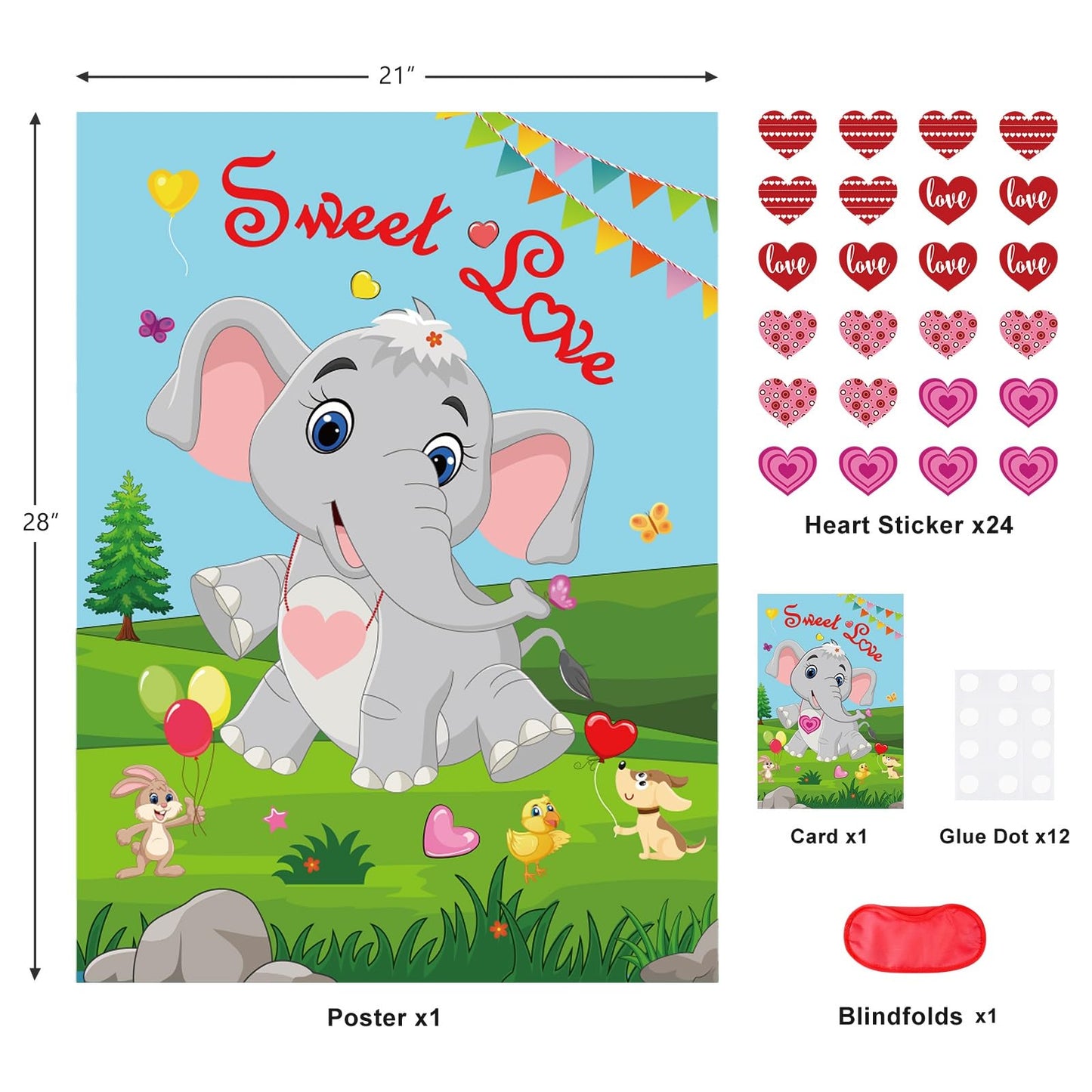 PLULON Pin Heart on Elephant Valentines Poster Game – 24 Heart Stickers, Party Backdrop & Classroom Activity