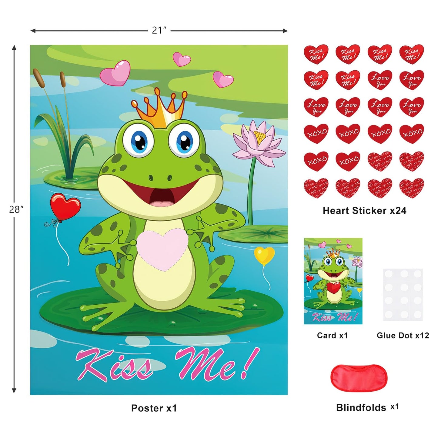 PLULON Valentines Pin the Heart on the Frog Game — 28x21 in Poster with 24 Heart Stickers