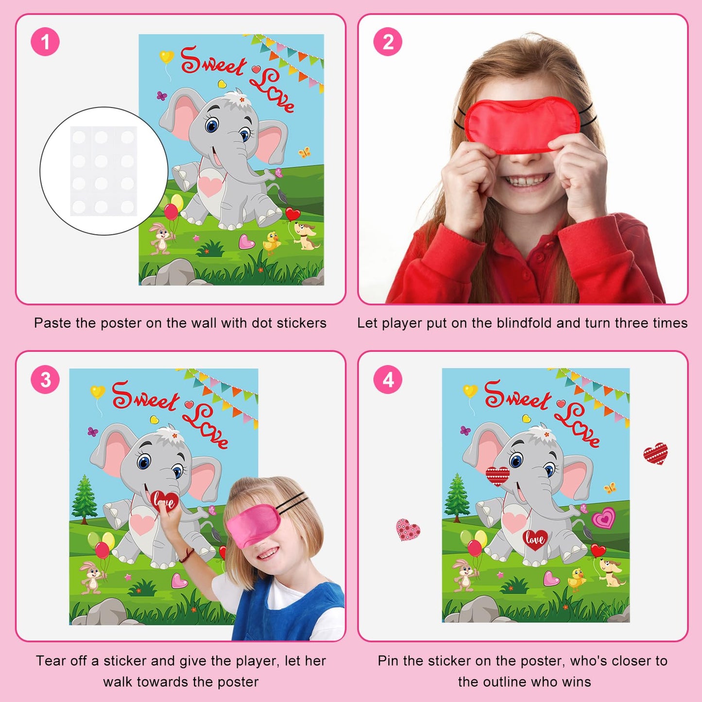 PLULON Pin Heart on Elephant Valentines Poster Game – 24 Heart Stickers, Party Backdrop & Classroom Activity