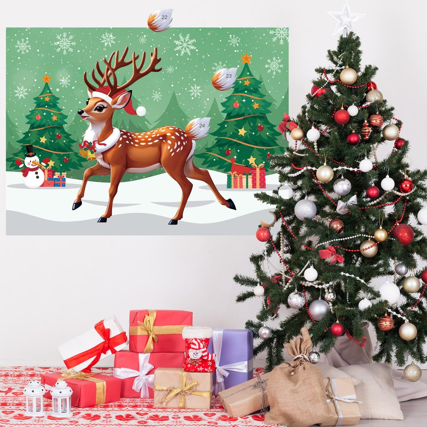 PLULON Pin The Tail on The Deer Christmas Game – Large Poster Backdrop for Kids' Parties