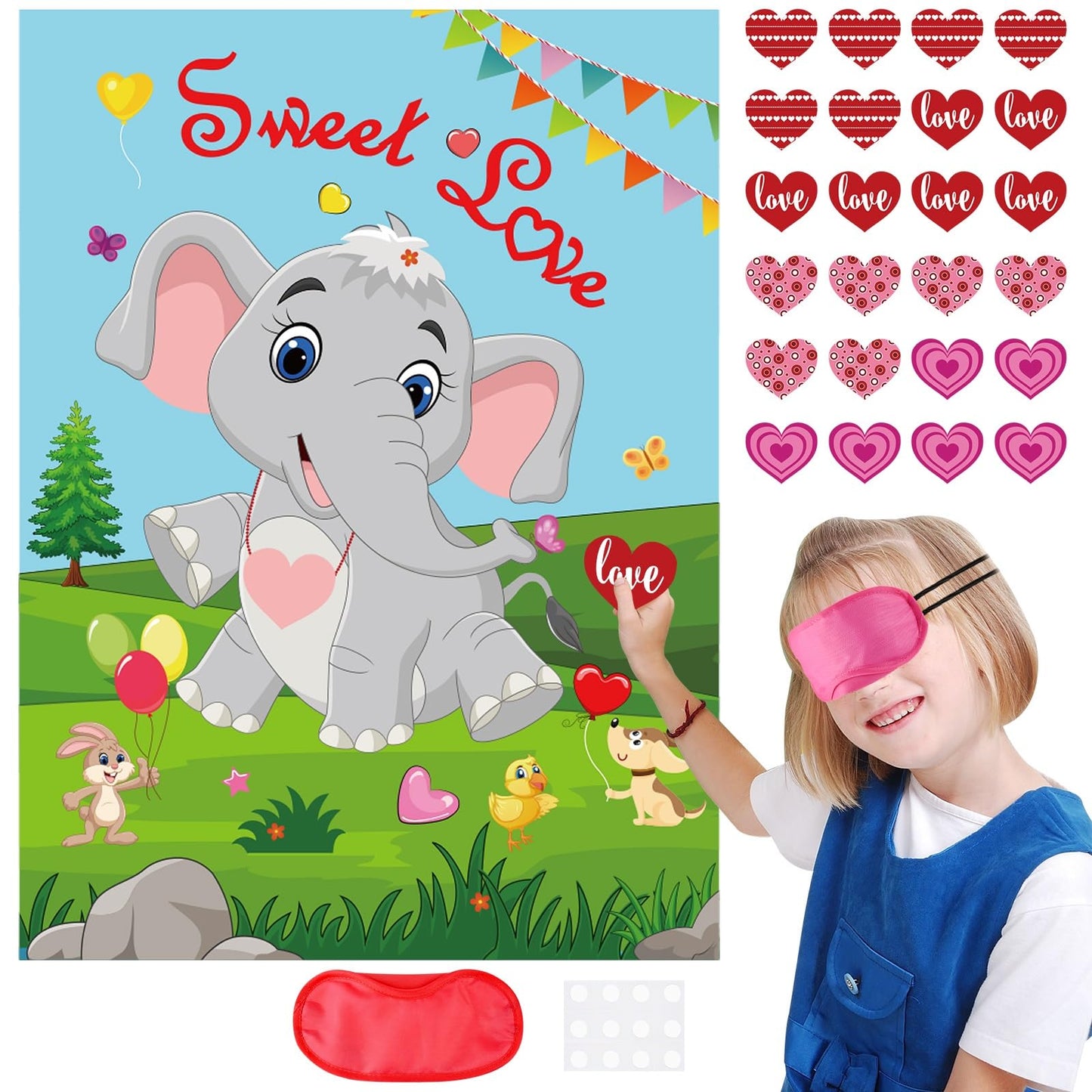 PLULON Pin Heart on Elephant Valentines Poster Game – 24 Heart Stickers, Party Backdrop & Classroom Activity