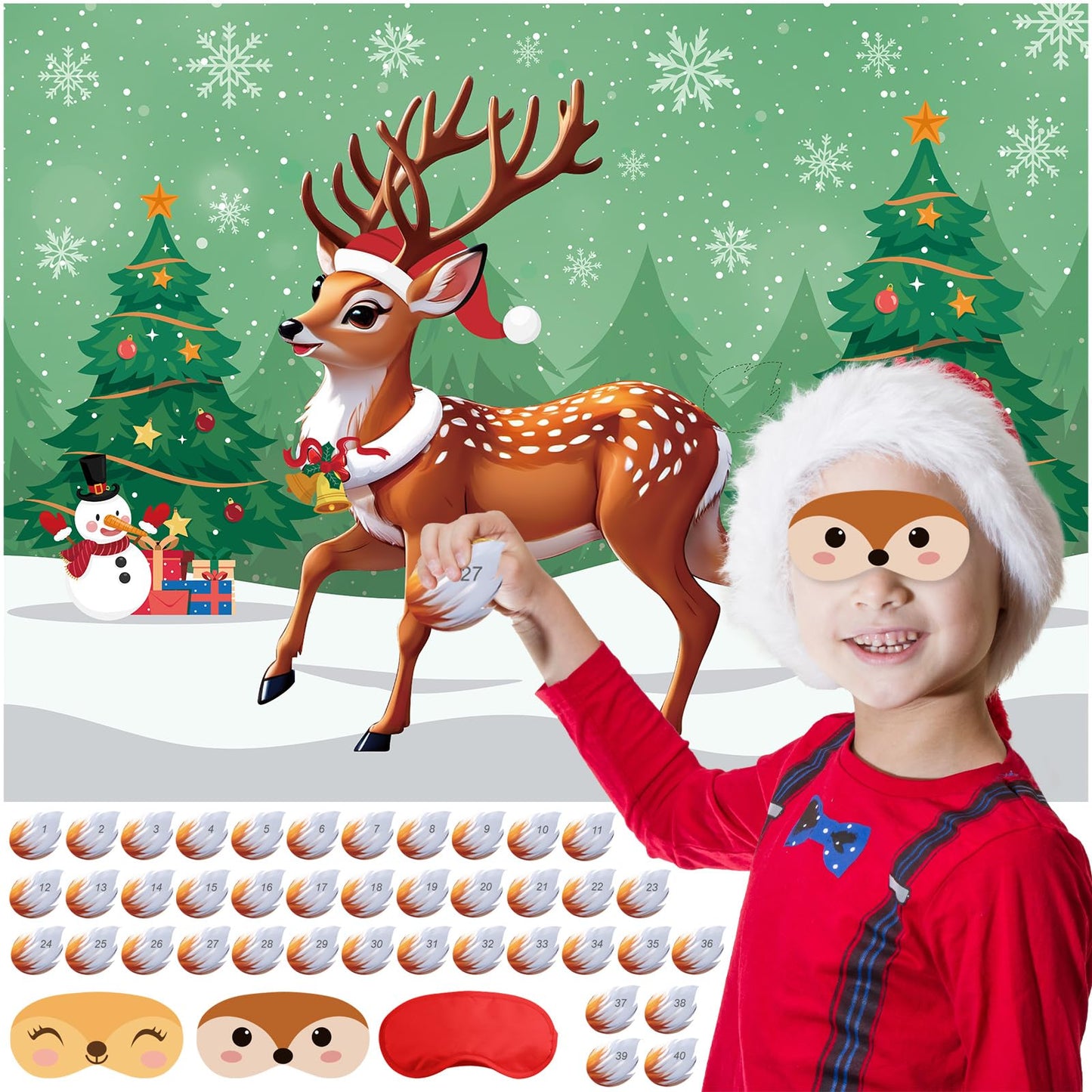 PLULON Pin The Tail on The Deer Christmas Game – Large Poster Backdrop for Kids' Parties