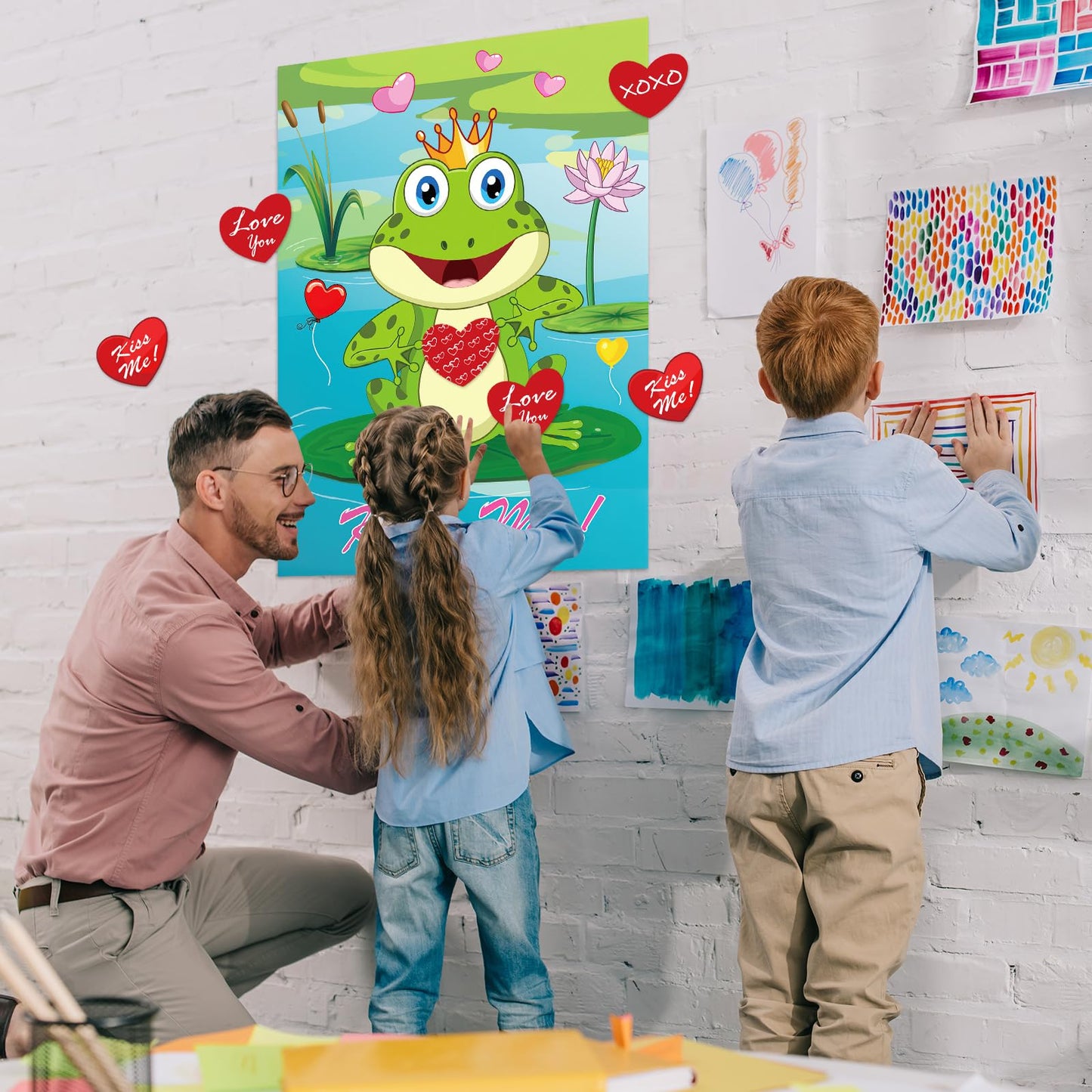 PLULON Valentines Pin the Heart on the Frog Game — 28x21 in Poster with 24 Heart Stickers