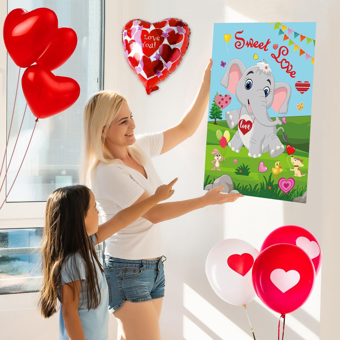 PLULON Pin Heart on Elephant Valentines Poster Game – 24 Heart Stickers, Party Backdrop & Classroom Activity