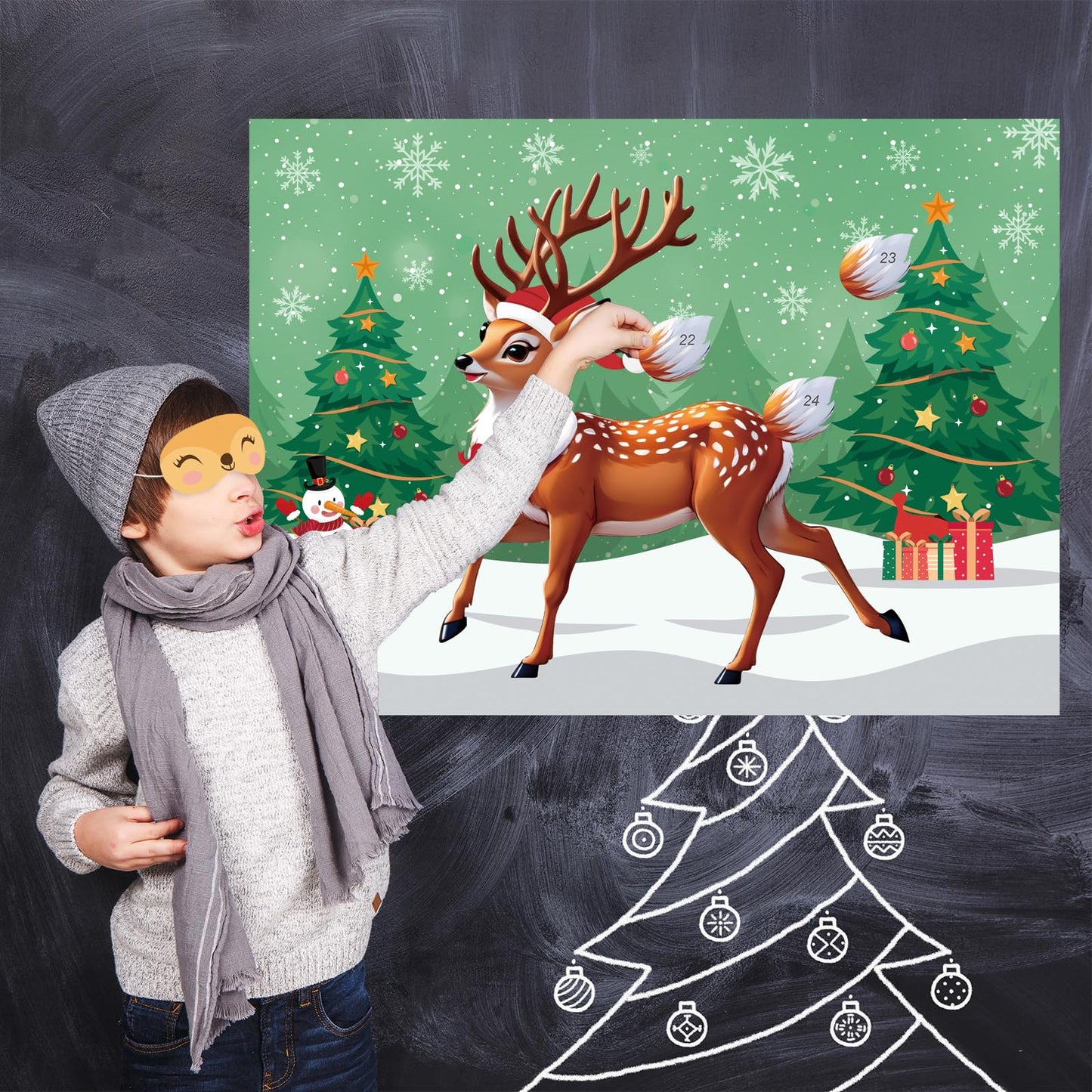 PLULON Pin The Tail on The Deer Christmas Game – Large Poster Backdrop for Kids' Parties