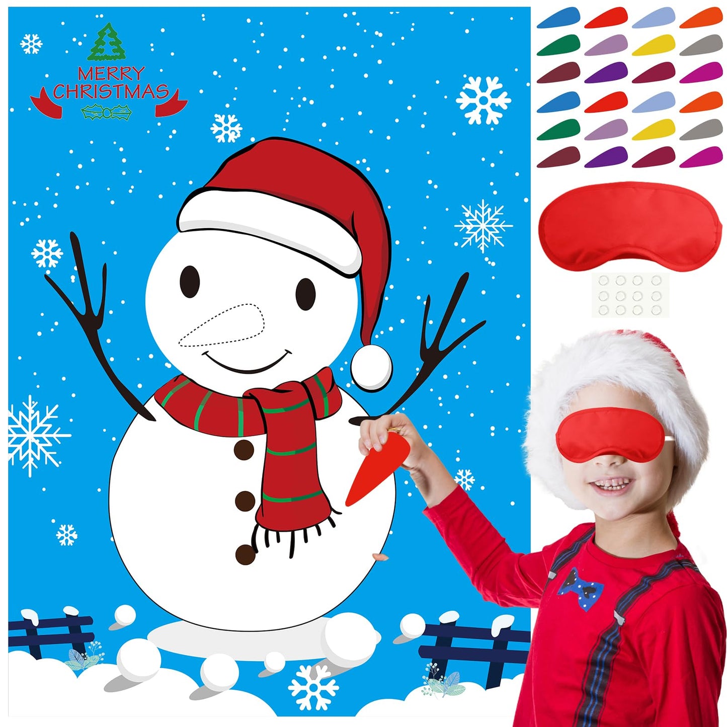 PLULON Snowman Nose Pin Game Set – Large Poster Backdrop for Christmas