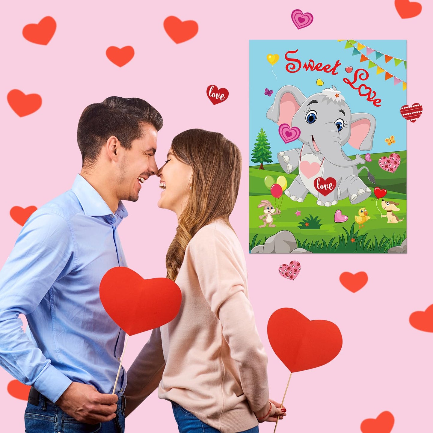 PLULON Pin Heart on Elephant Valentines Poster Game – 24 Heart Stickers, Party Backdrop & Classroom Activity