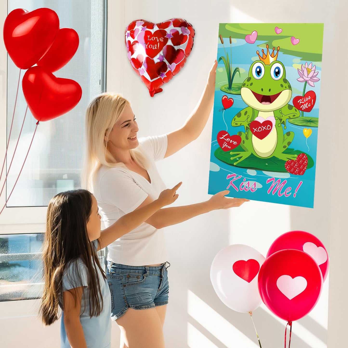 PLULON Valentines Pin the Heart on the Frog Game — 28x21 in Poster with 24 Heart Stickers