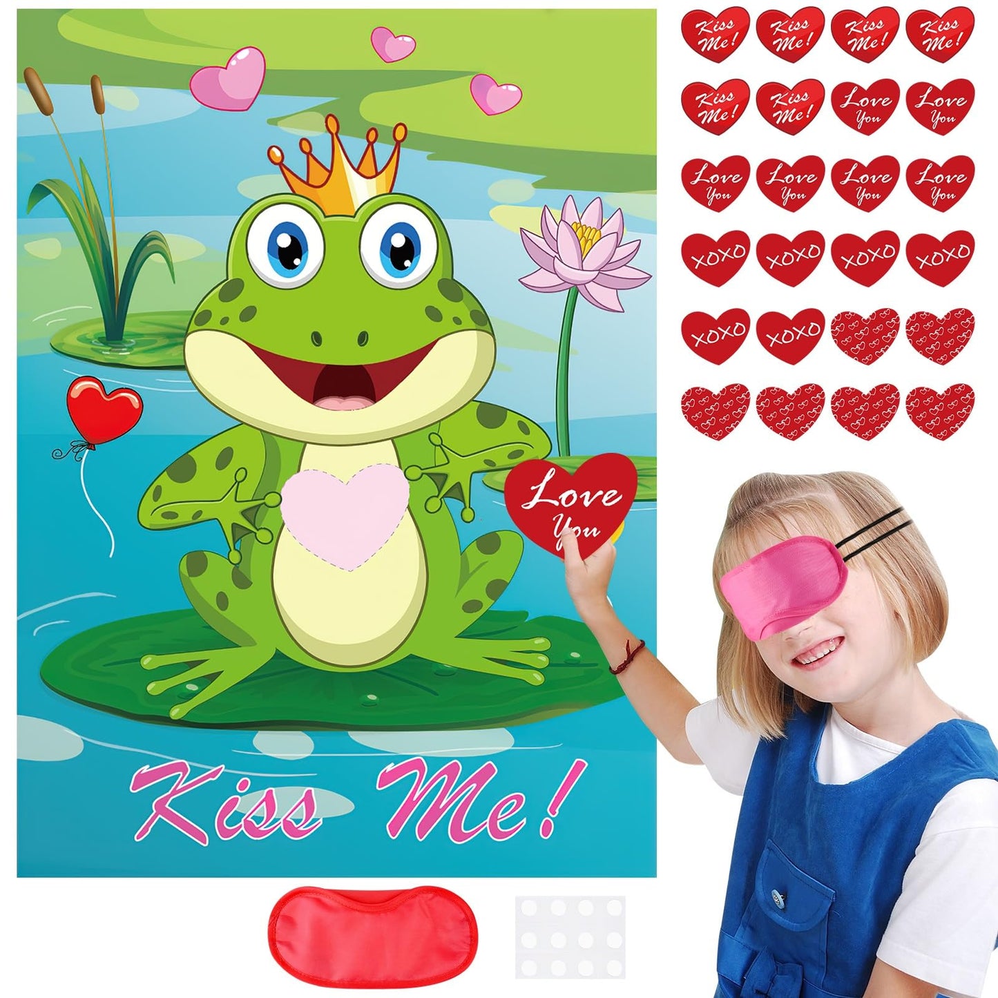 PLULON Valentines Pin the Heart on the Frog Game — 28x21 in Poster with 24 Heart Stickers