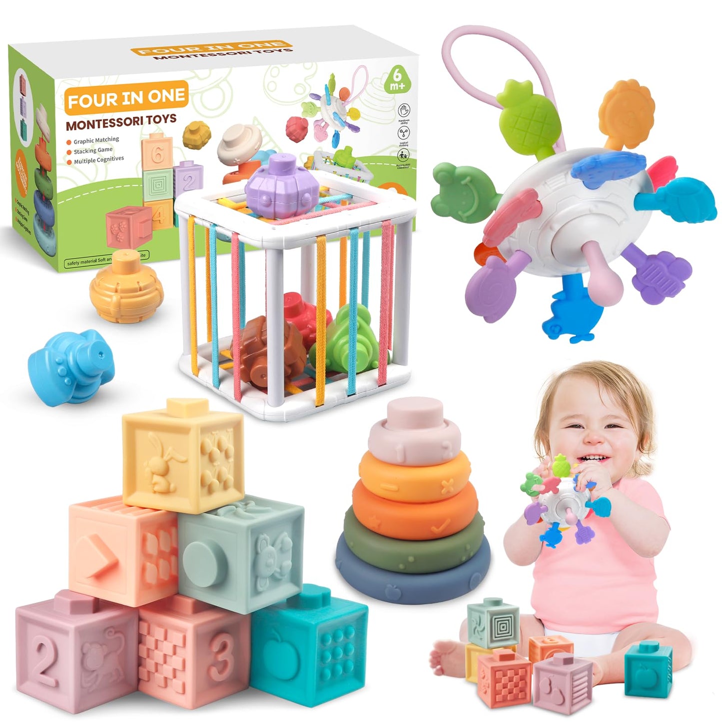 Plunack 4-in-1 Montessori Baby Toys | Soft Stacking Blocks & Teether