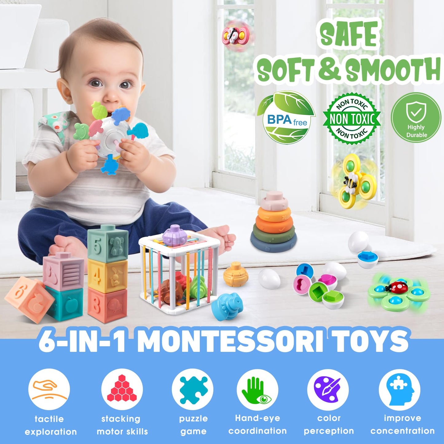 Plunack 6-in-1 Montessori Baby Toy for Toddlers: Blocks, Rings, Spinner & Eggs