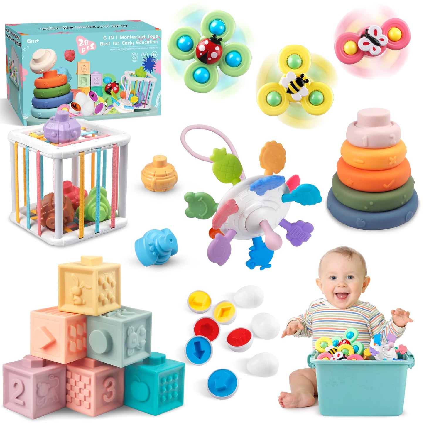 Plunack 6-in-1 Montessori Baby Toy for Toddlers: Blocks, Rings, Spinner & Eggs