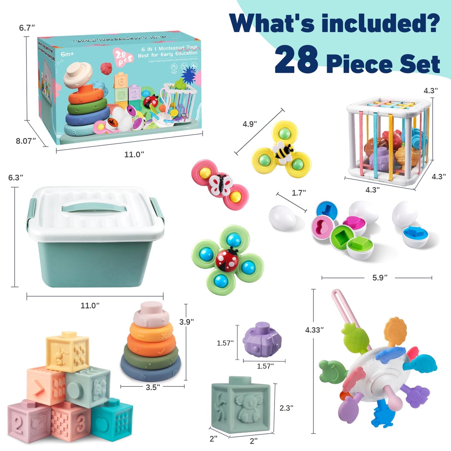 Plunack 6-in-1 Montessori Baby Toy for Toddlers: Blocks, Rings, Spinner & Eggs