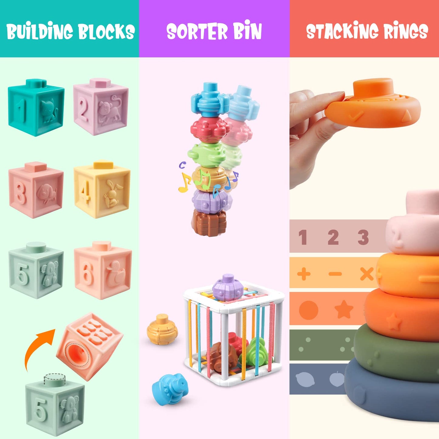 Plunack 6-in-1 Montessori Baby Toy for Toddlers: Blocks, Rings, Spinner & Eggs