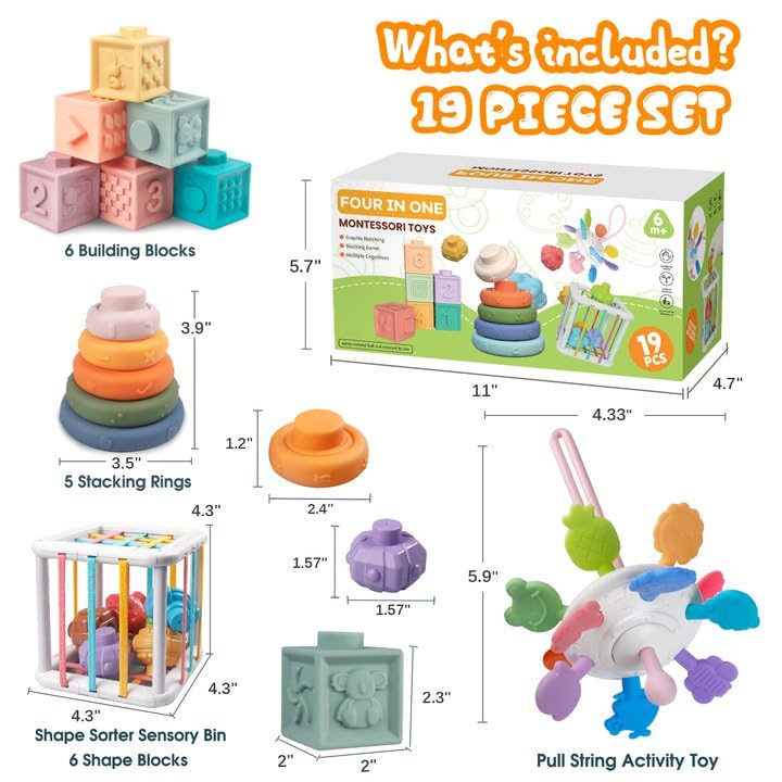 Plunack 4-in-1 Montessori Baby Toys | Soft Stacking Blocks & Teether