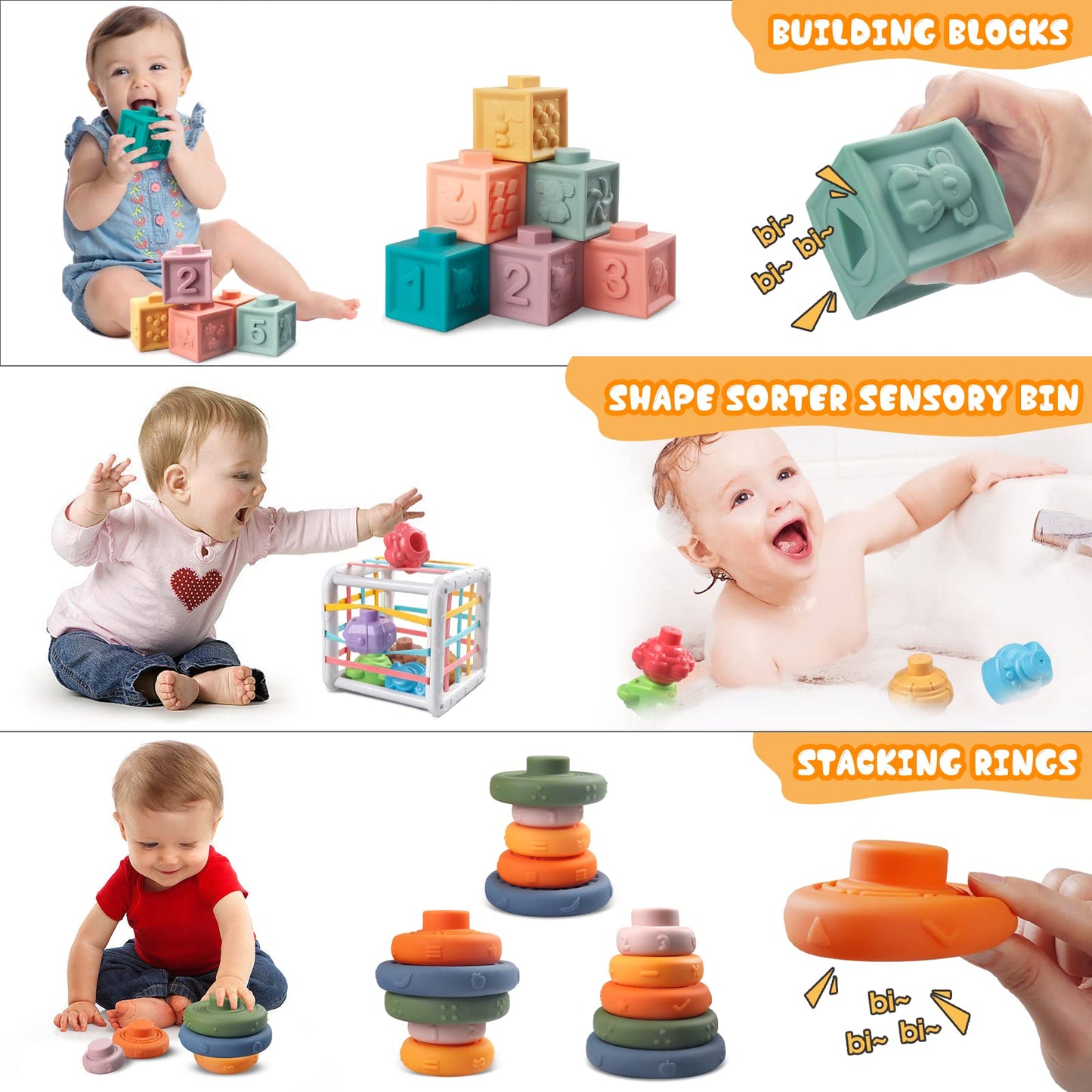 Plunack 4-in-1 Montessori Baby Toys | Soft Stacking Blocks & Teether