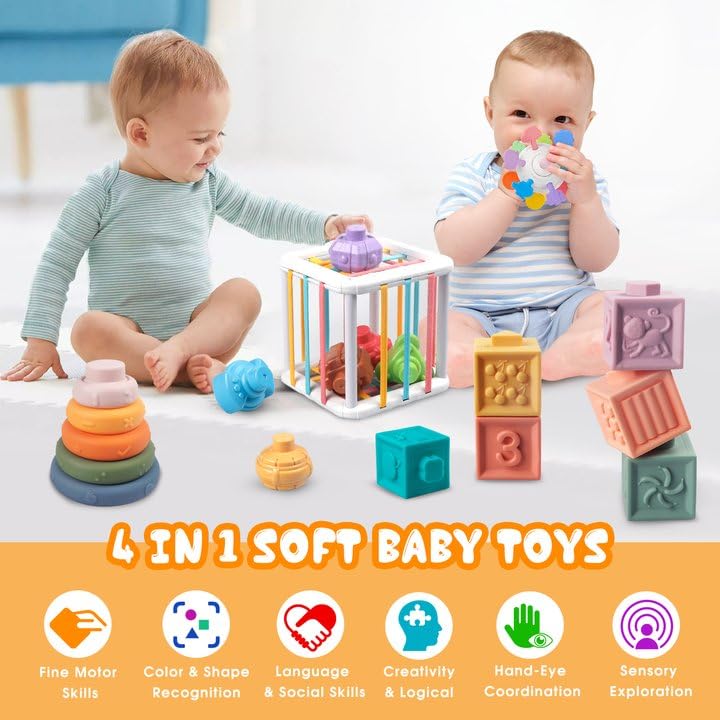 Plunack 4-in-1 Montessori Baby Toys | Soft Stacking Blocks & Teether