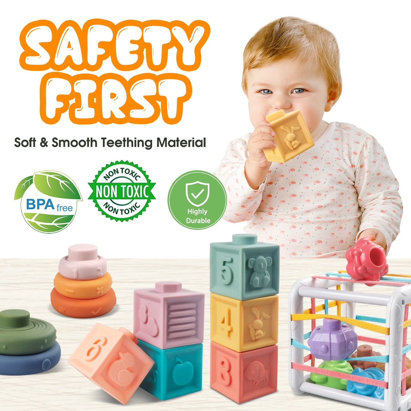 Plunack 4-in-1 Montessori Baby Toys | Soft Stacking Blocks & Teether