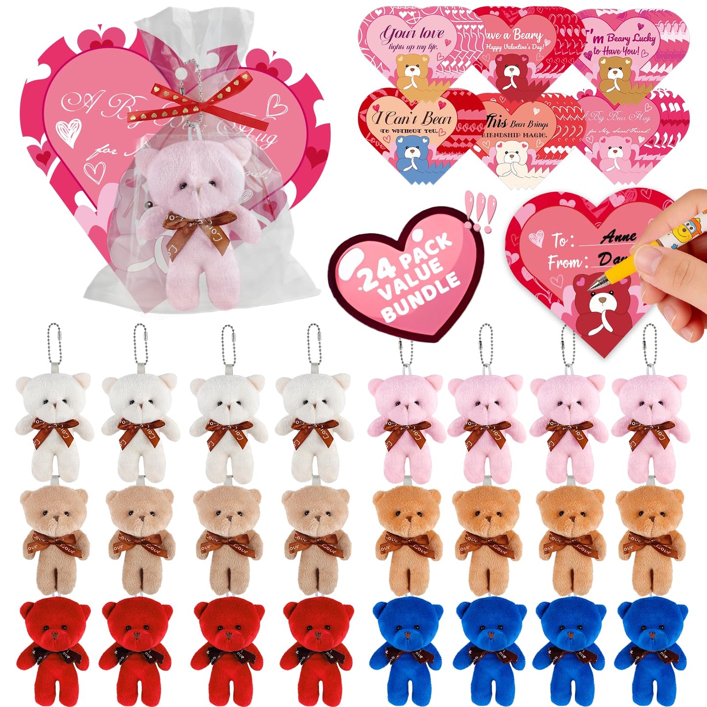 Plunack Valentines Gift Set for Kids – 24 Plush Bears & Heart Cards for Classroom Gifts