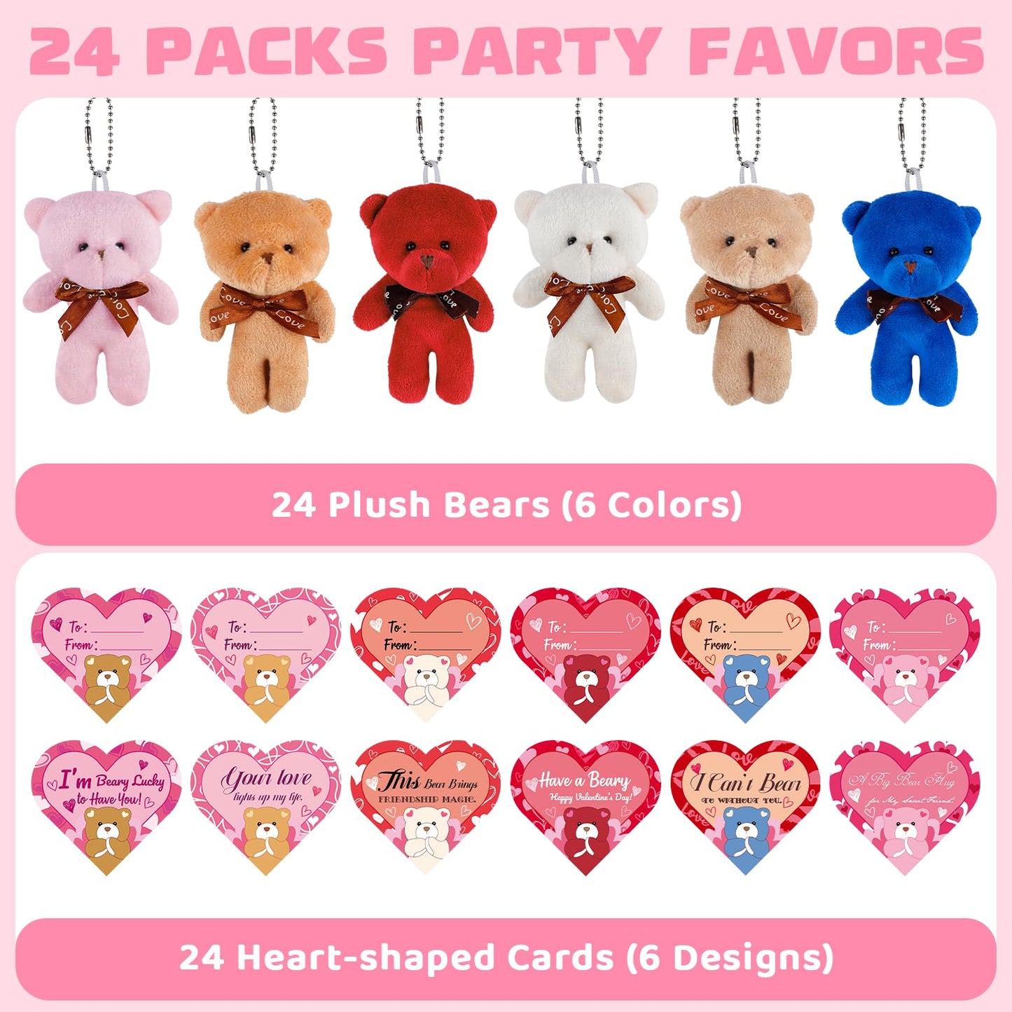 Plunack Valentines Gift Set for Kids – 24 Plush Bears & Heart Cards for Classroom Gifts