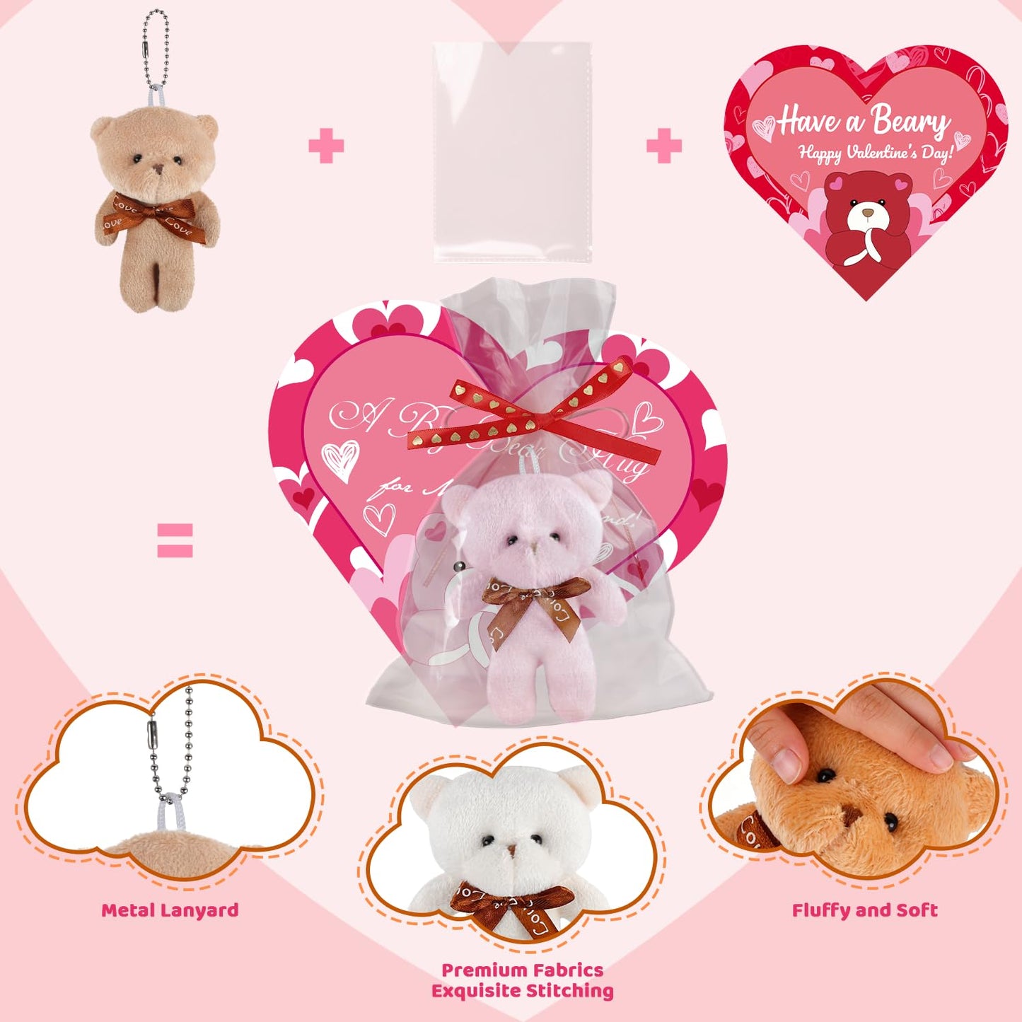 Plunack Valentines Gift Set for Kids – 24 Plush Bears & Heart Cards for Classroom Gifts