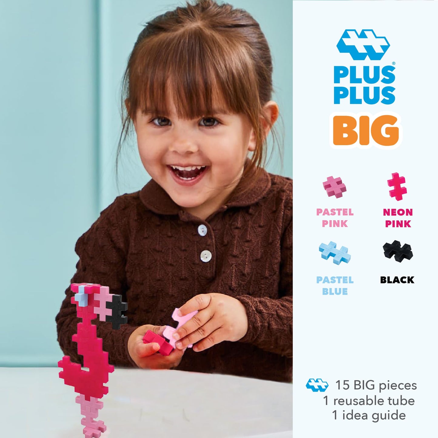 PLUS PLUS Big Instructed Tube: 15-Piece Flamingo – Large Interlocking Blocks for Toddlers & Preschool STEM Toy