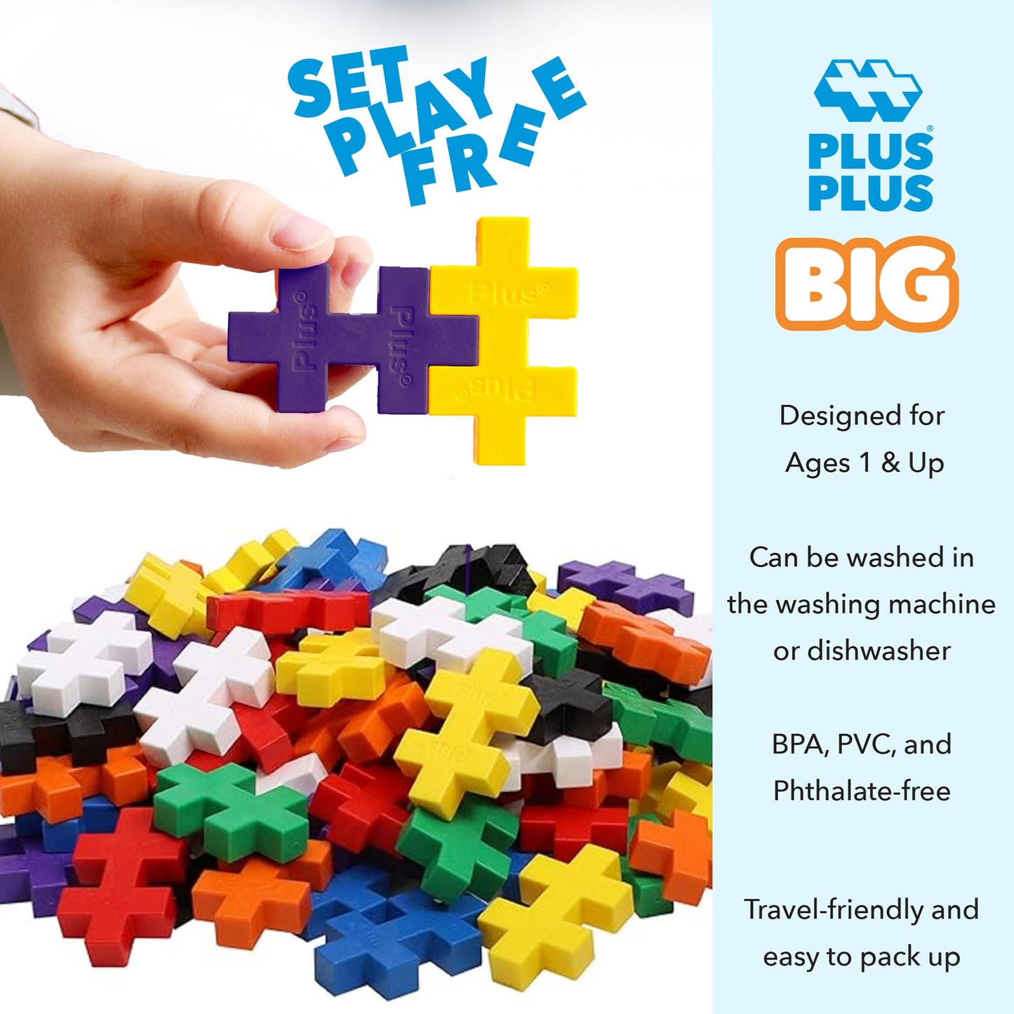 PLUS PLUS BIG Open Play Set 100 Piece - Basic Color Mix | Construction STEM Toy for Toddlers & Preschool
