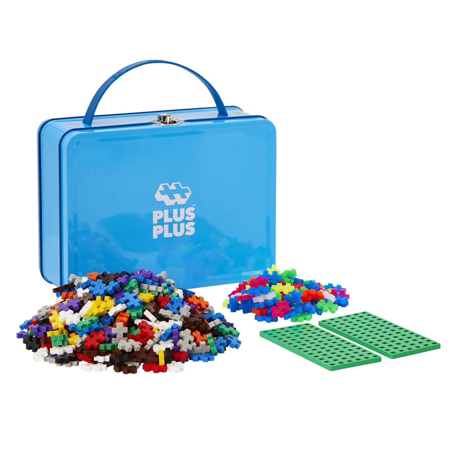 PLUS PLUS Building Set with Metal Suitcase – 600 Pieces, 2 Green Baseplates