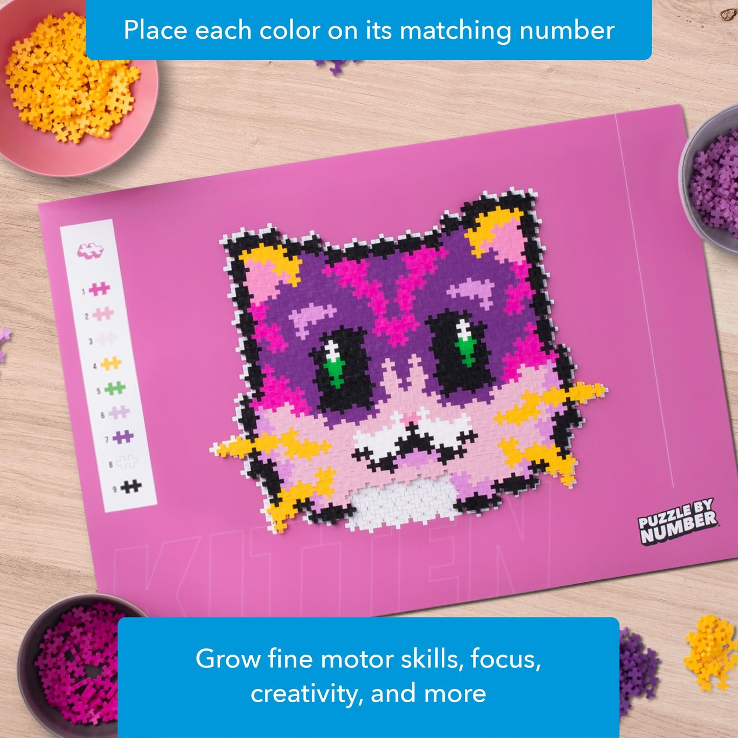 Plus Plus Puzzle by Number Kitten — 500-Piece Interlocking Color Blocks, 3D Pixel Art Kit