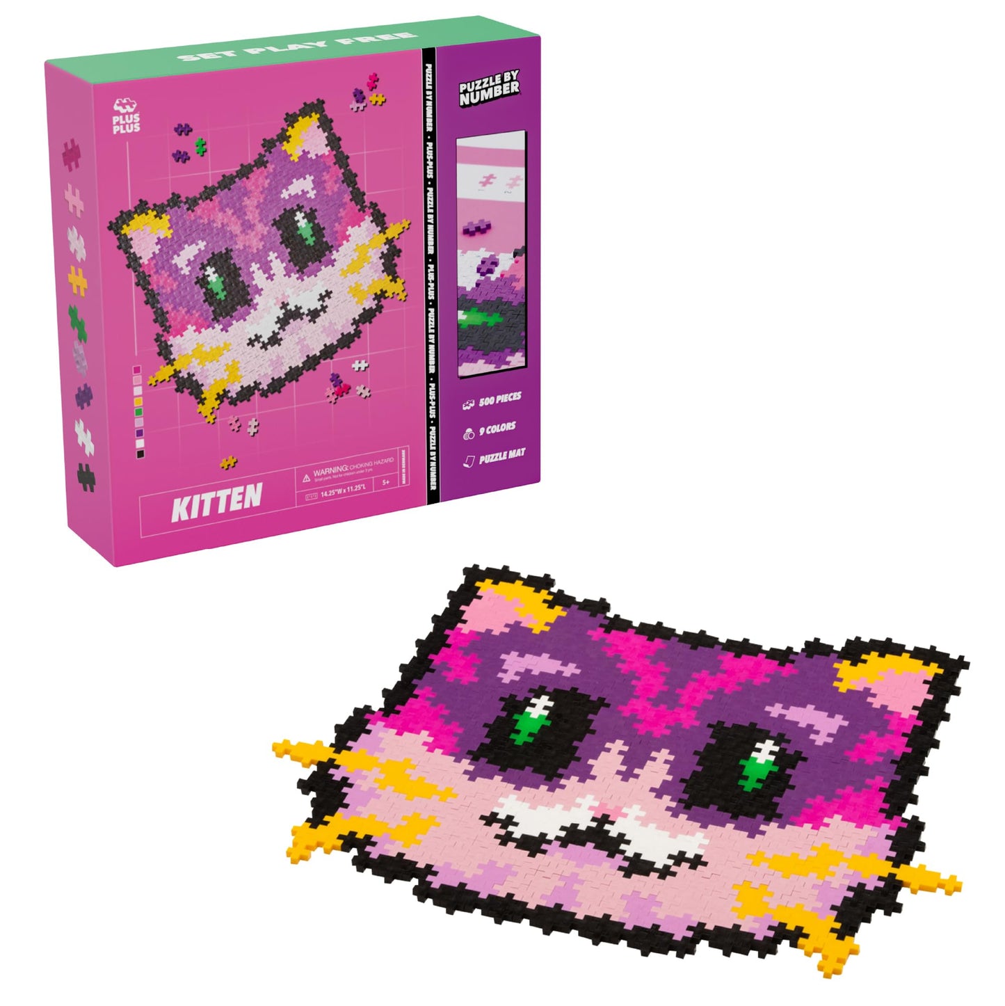 Plus Plus Puzzle by Number Kitten — 500-Piece Interlocking Color Blocks, 3D Pixel Art Kit