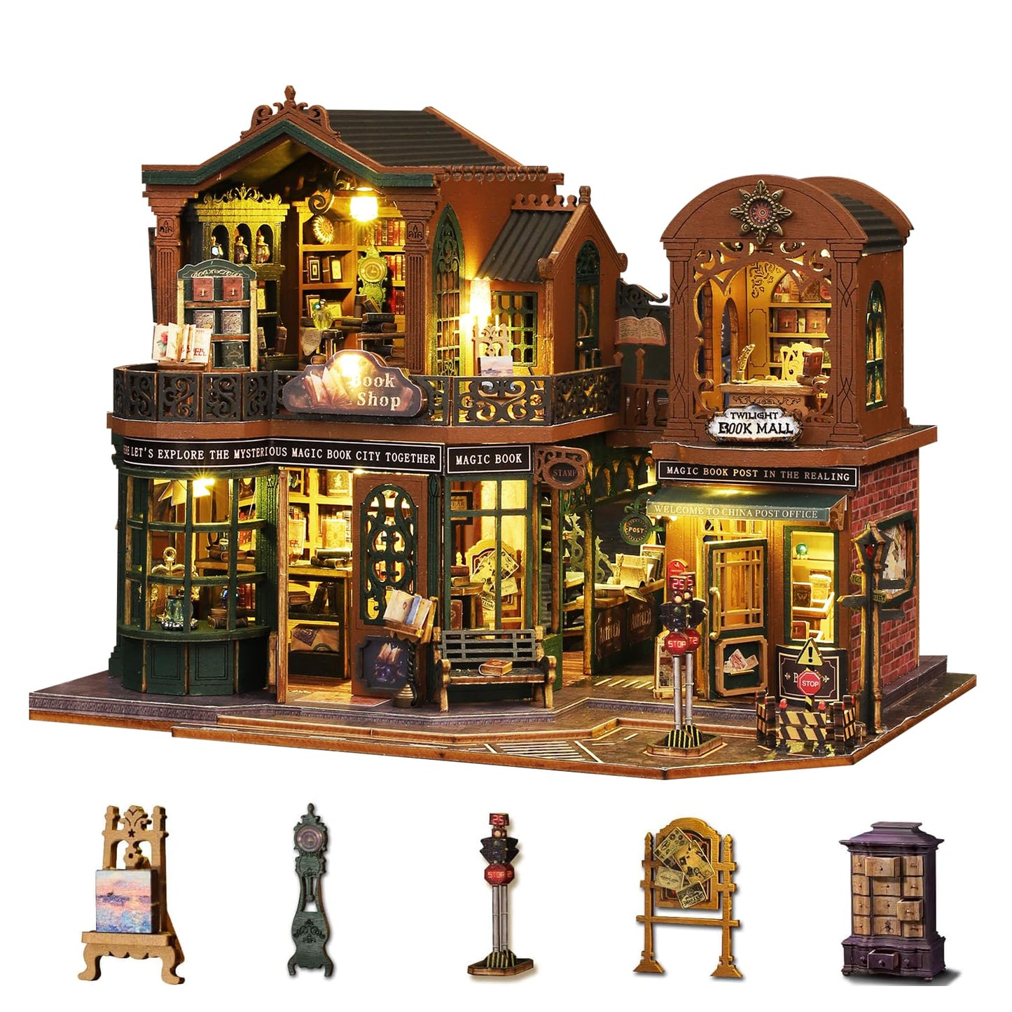 Plustopoy DIY Miniature Bookshop Dollhouse Kit with Light | 1:24 Scale