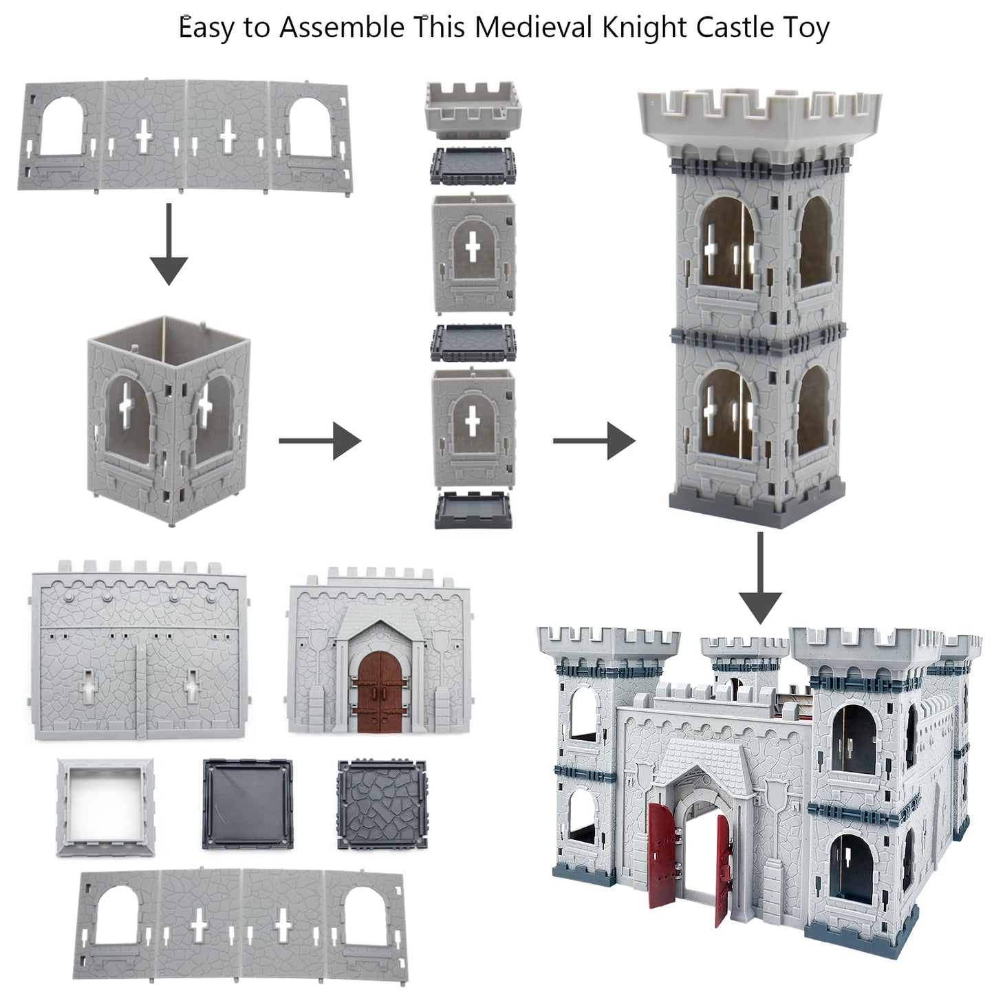 Plustopoy Medieval Castle Knight Toy Set – DIY Siege Army (8 Knights, 8 Horses, 36 Soldiers)