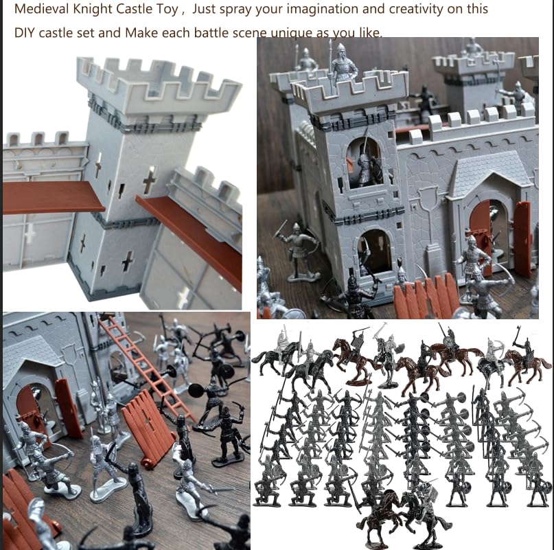 Plustopoy Medieval Castle Knight Toy Set – DIY Siege Army (8 Knights, 8 Horses, 36 Soldiers)