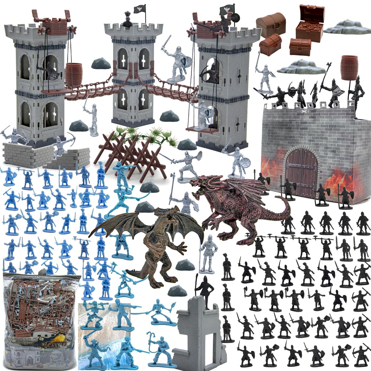Plustopoy Medieval Castle Knight Toy Set – DIY Castle Building with Dragons, Bridges, Map & Storage Bag