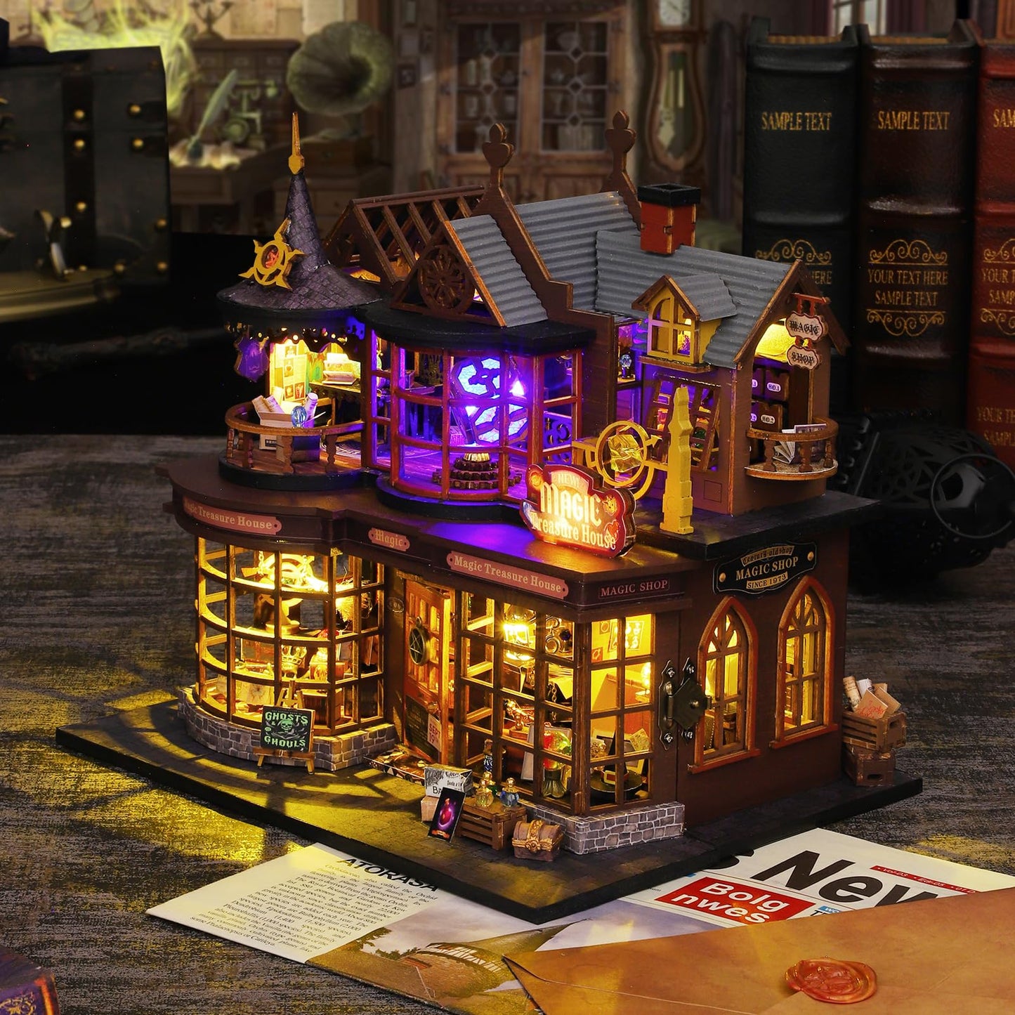 Plustopoy DIY Miniature House Kit – Open-Door Dollhouse & Book Nook Magic Model