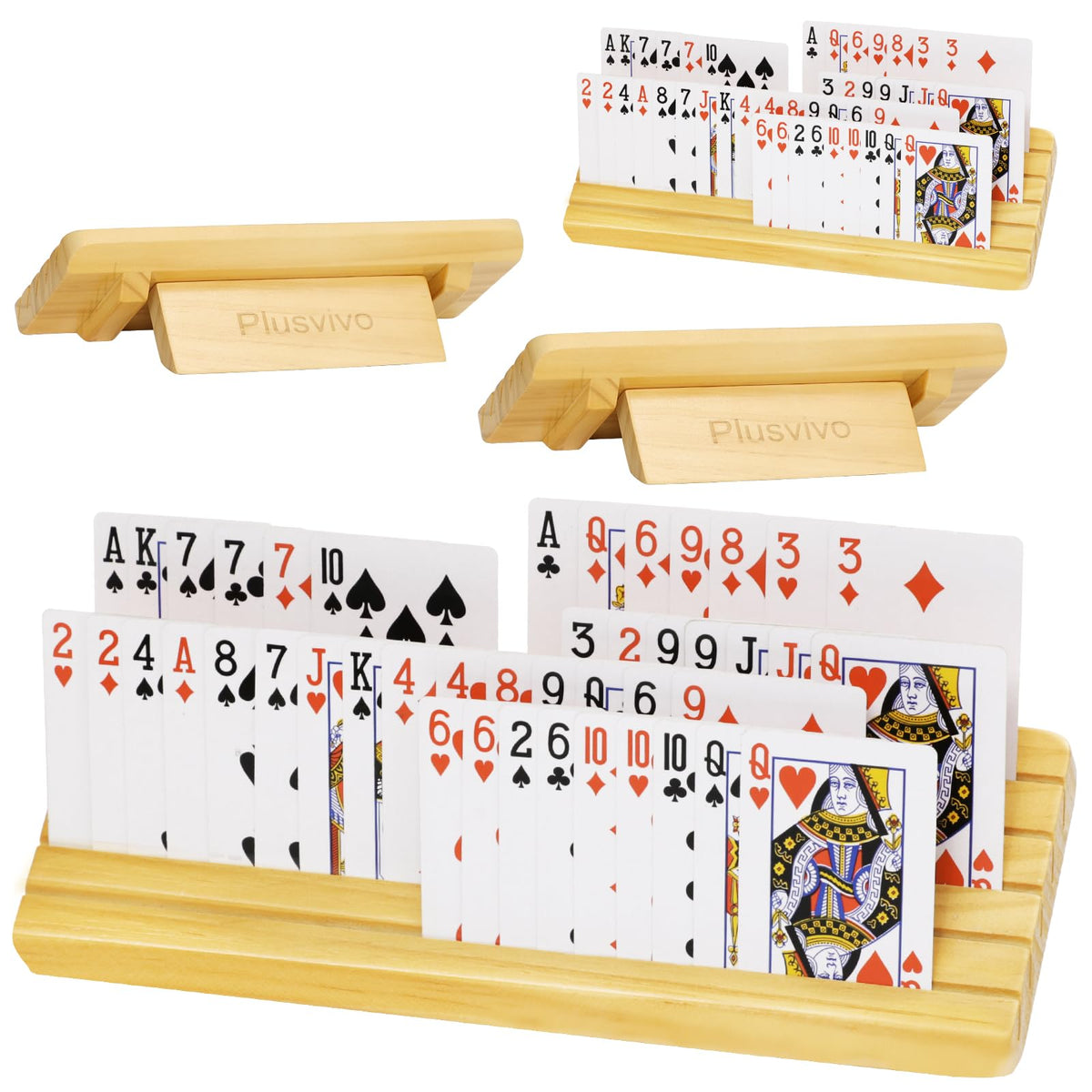 Plusvivo Card Holders for Playing Cards – 4-Pack Adjustable Stand, 12-Inch Wooden Card Holder (Holds Up to 110 Cards)