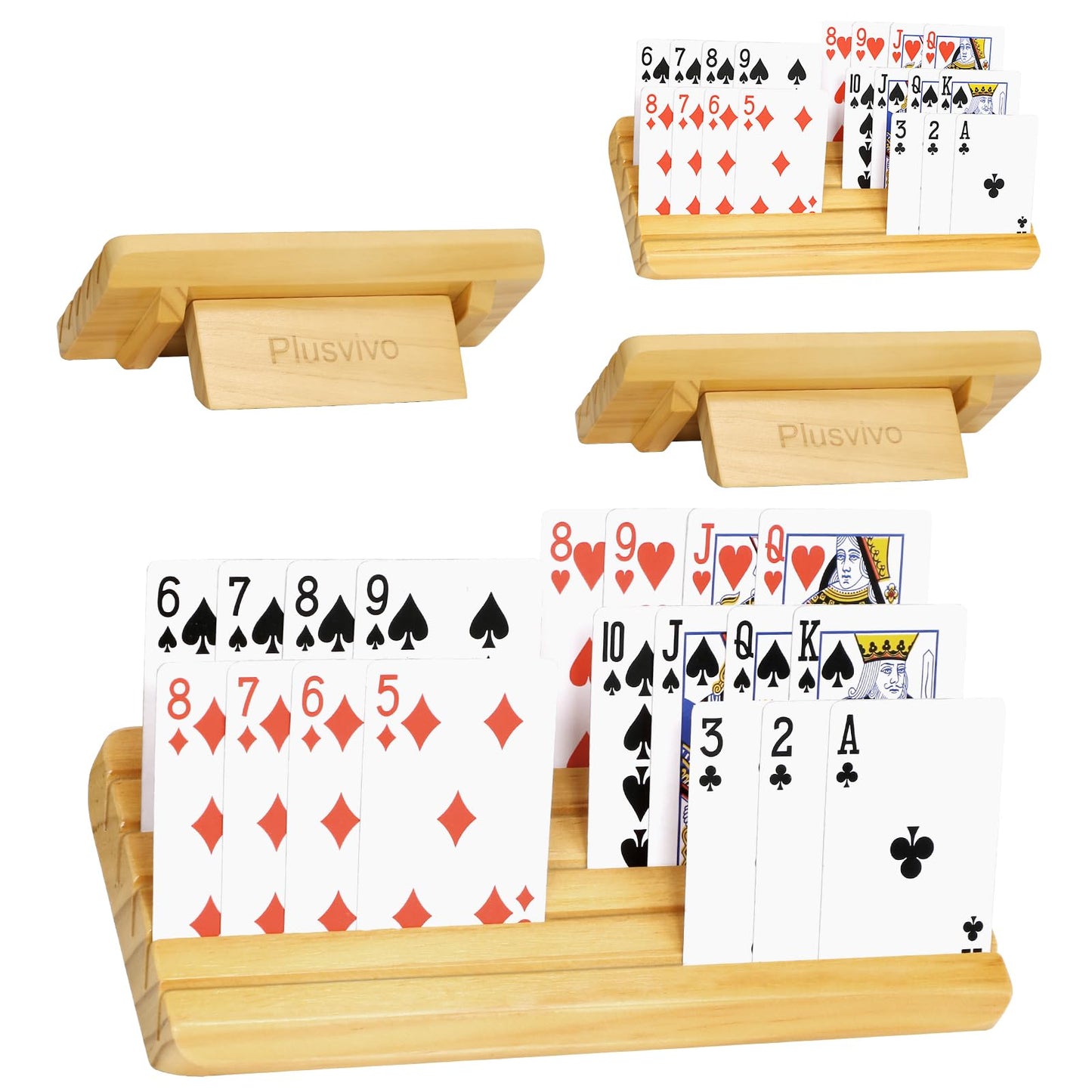Plusvivo Card Holders with Adjustable Stand – Set of 4 (5-Slot) Wooden Card Organizers
