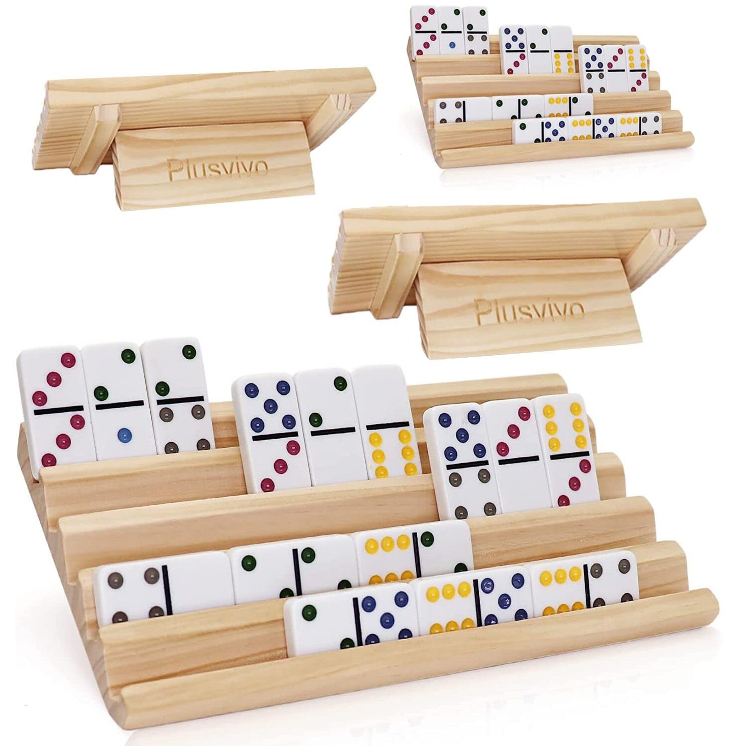 plusvivo Domino Racks with Stand | Set of 4 Wooden Trays for Mexican Train & Domino Games