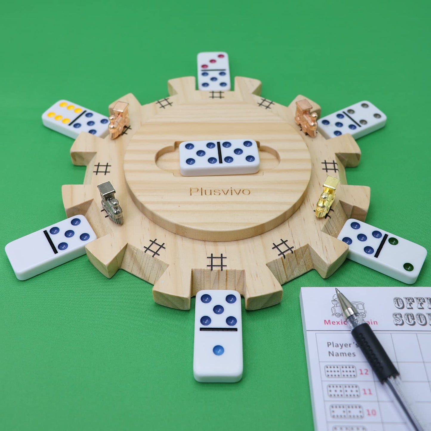 Plusvivo Mexican Train Dominoes Accessories Set – Wooden Hub, Metal Markers, 70-Sheet Score Pads (Up to 12 Players)