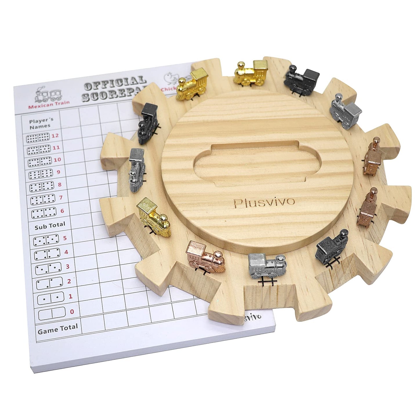 Plusvivo Mexican Train Dominoes Accessories Set – Wooden Hub, Metal Markers, 70-Sheet Score Pads (Up to 12 Players)