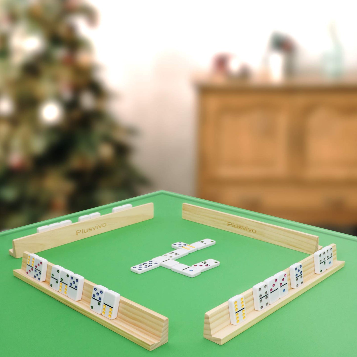 Plusvivo Domino Racks 8-Pack – Wooden Trays for Mexican Train & Chicken Foot