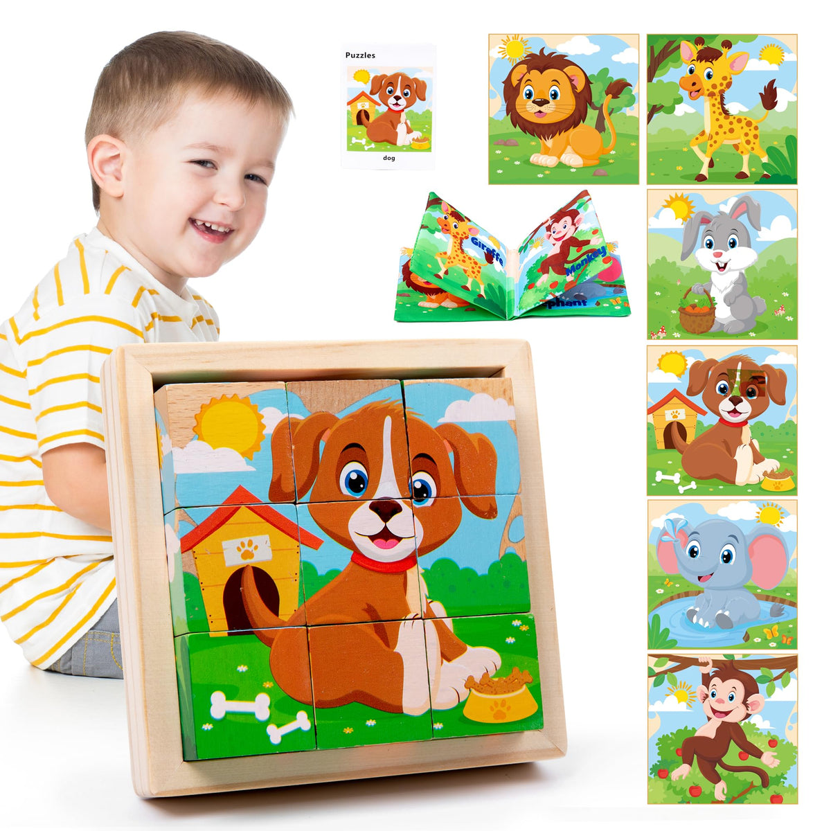 PLUSYARD 6-in-1 Montessori Wooden Animal Puzzles for Kids | Rubber Wood, 2–6 Years