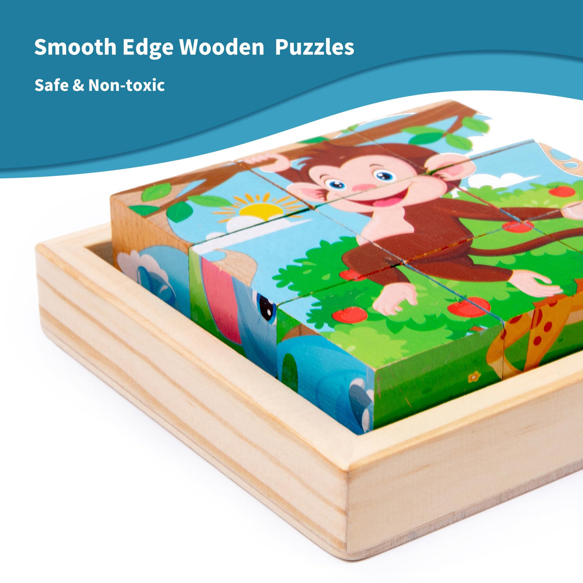 PLUSYARD 6-in-1 Montessori Wooden Animal Puzzles for Kids | Rubber Wood, 2–6 Years