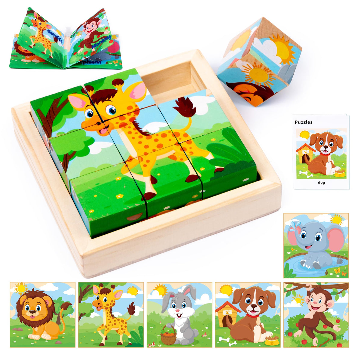 PLUSYARD 6-in-1 Montessori Wooden Animal Puzzles for Kids | Rubber Wood, 2–6 Years