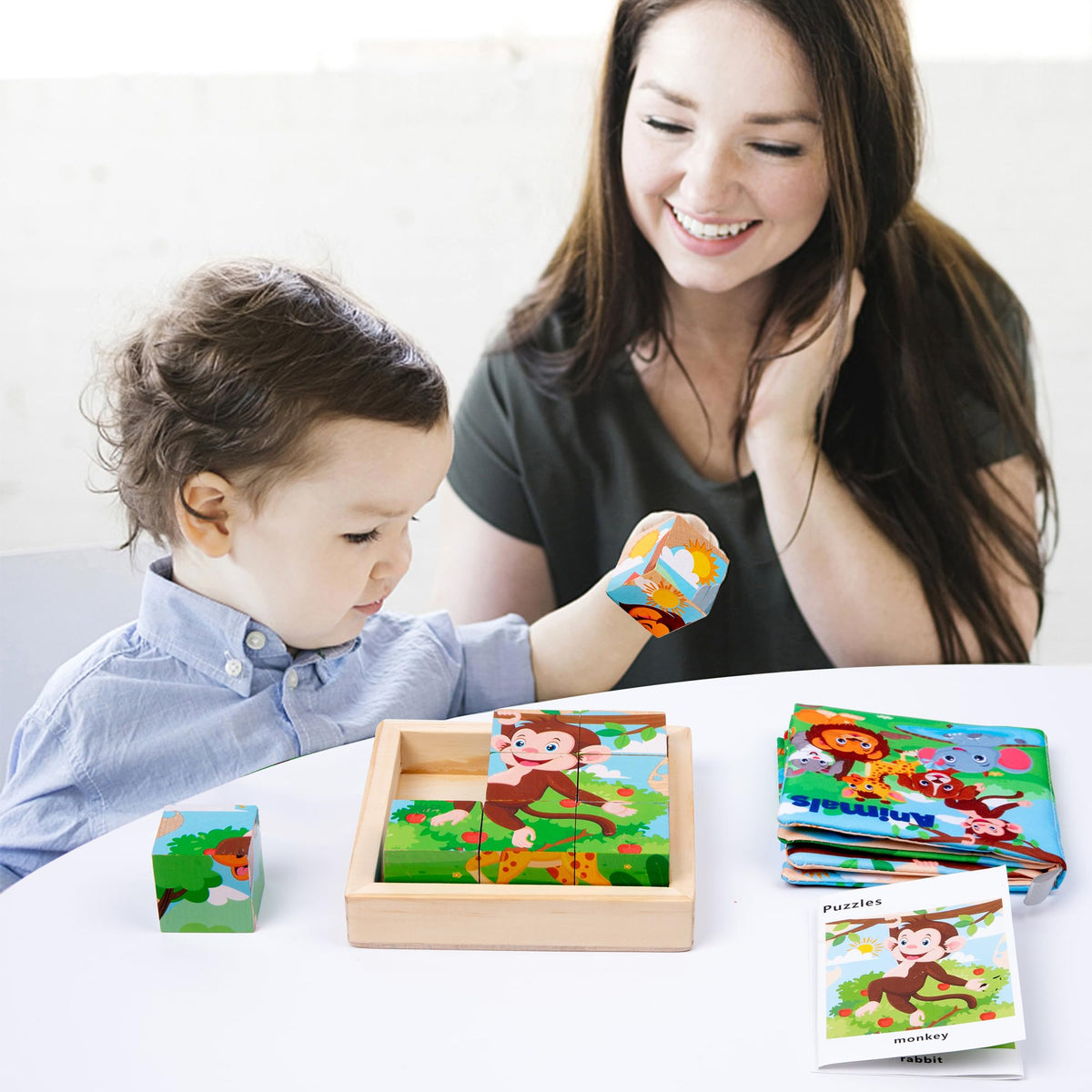 PLUSYARD 6-in-1 Montessori Wooden Animal Puzzles for Kids | Rubber Wood, 2–6 Years