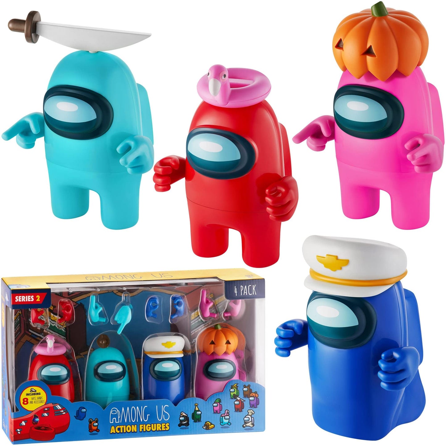 P.M.I. Among Us Action Figures – 4.5-Inch Collectibles with 8 Hats & Hands | Red, Pink, Cyan Crewmates & Blue Ghost