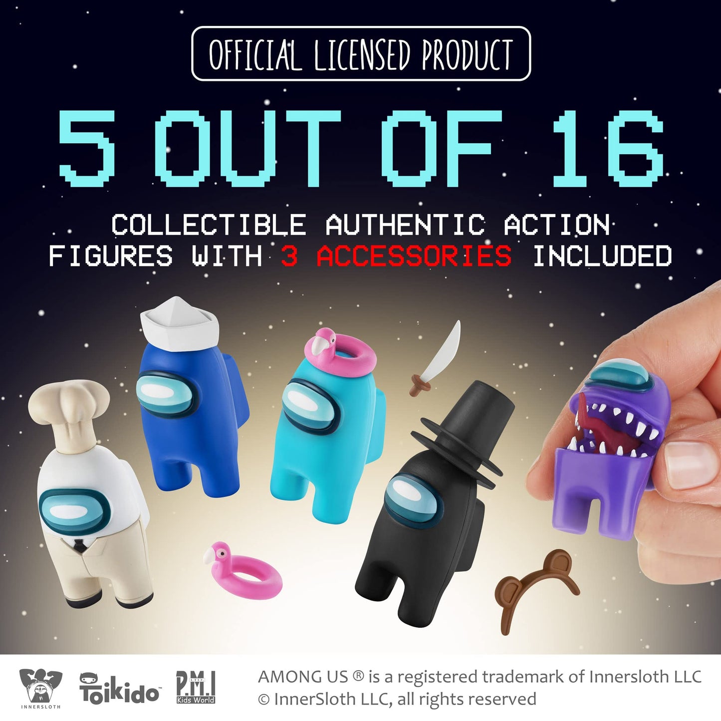 P.M.I. Among Us Crewmate Figures – 5 Toys + Hidden Impostor, 3 Hats
