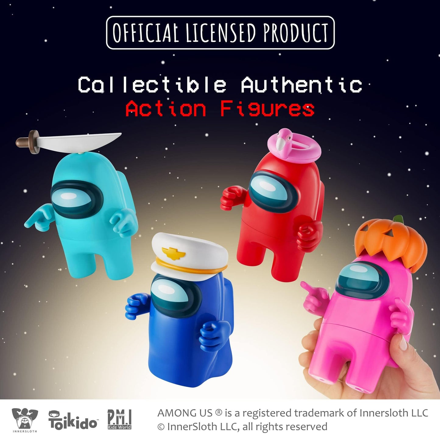 P.M.I. Among Us Action Figures – 4.5-Inch Collectibles with 8 Hats & Hands | Red, Pink, Cyan Crewmates & Blue Ghost
